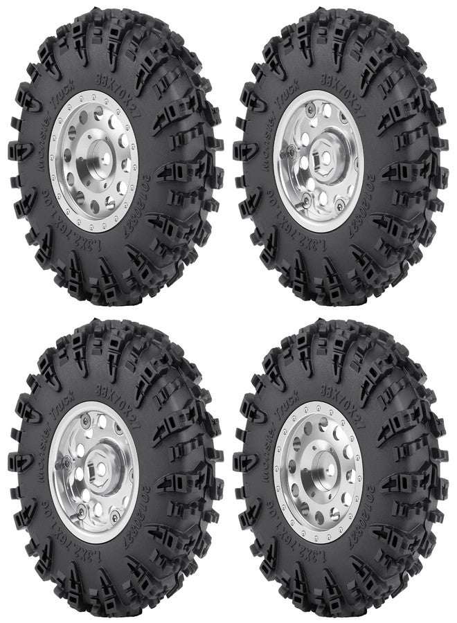 JGGZONE 4PCS 1.3" Beadlock Wheel Tires Set Aluminum 1.3inch Beadlock Wheel Hub Wheel Rim ＆ 70mm/2.76inch Rubber Crawler Tires for 1/18 1/24 RC Crawler Car SCX24 TRX4M Upgrade Parts (Bright Silver) - Image 1